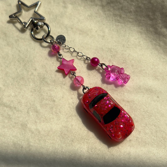 Pink NA Miata Star Kitty Beaded Keychain