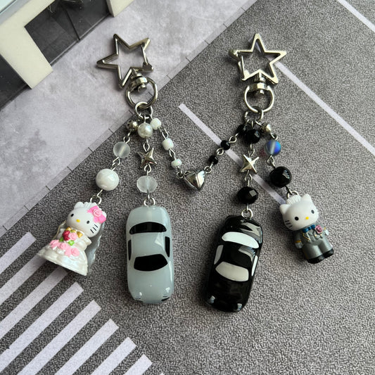 Mr. & Mrs. Kitty Miata Matching Pair Beaded Keychain