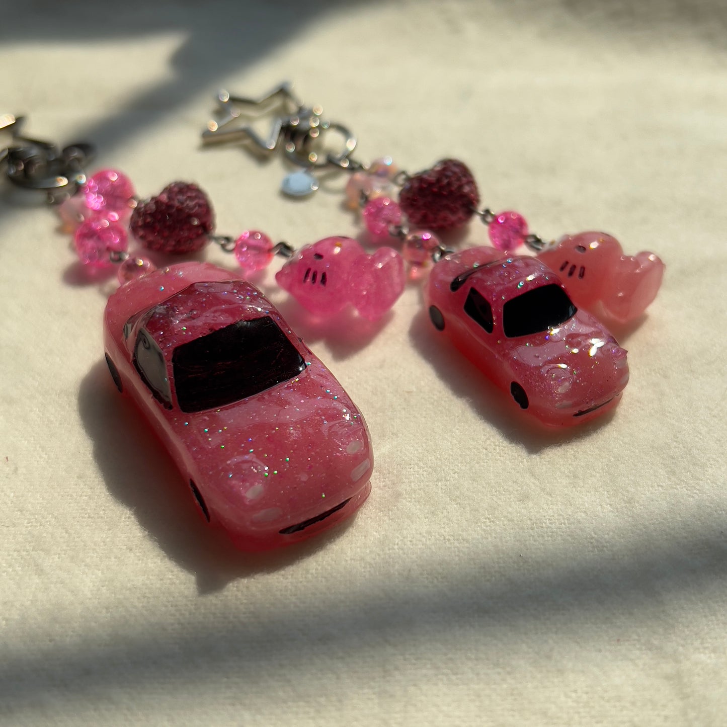 Pink NA Miata & Kitty Beaded Keychain