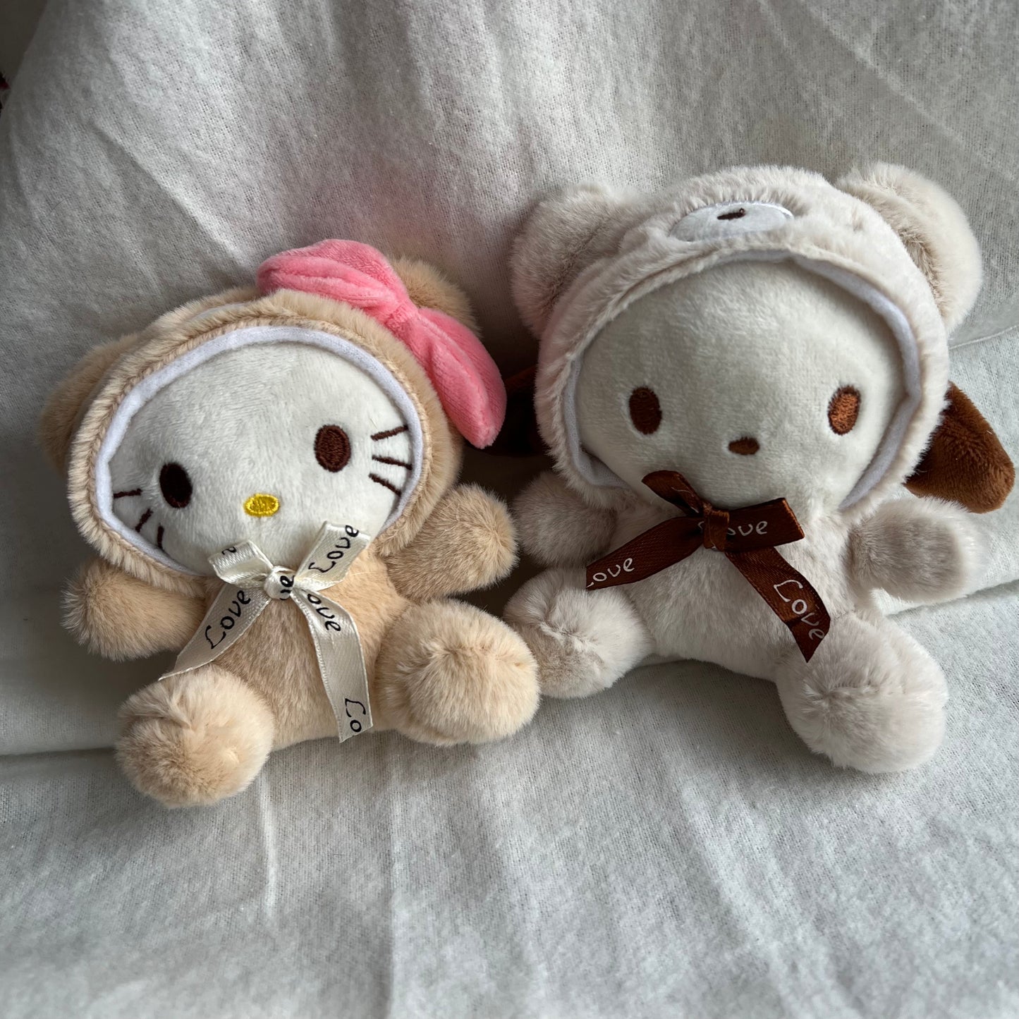 Plush Puppy & Kitty in Bear Costume Beaded Keychain