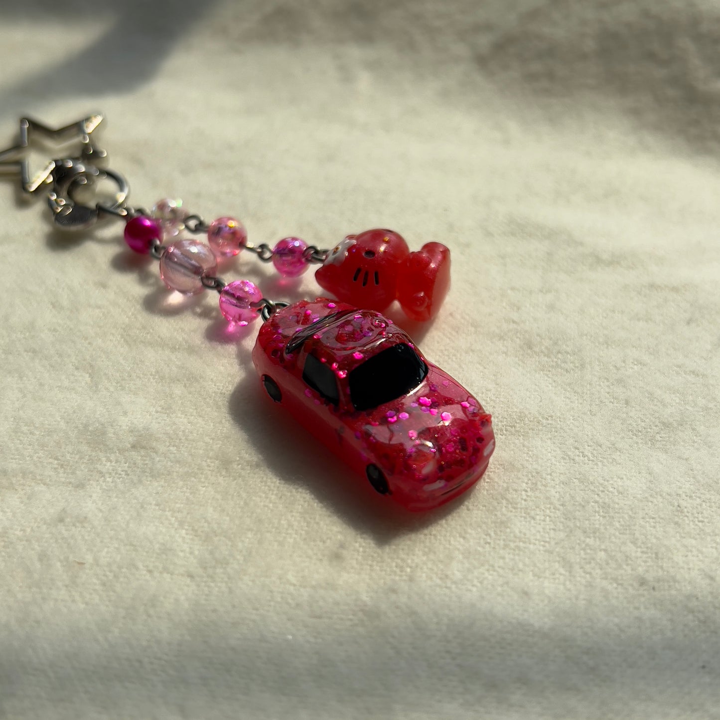 Pink Mini NA Miata & Kitty Beaded Keychain