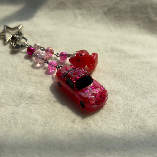 Pink Mini NA Miata & Kitty Beaded Keychain