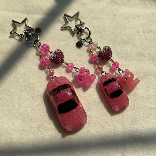Pink NA Miata & Kitty Beaded Keychain