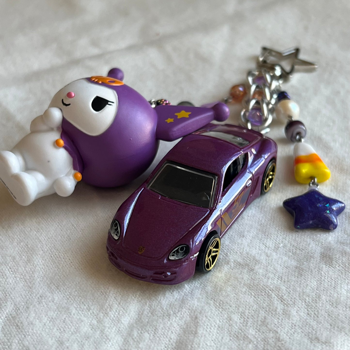Porsche Cayman & Purple Bunny Beaded Keychain