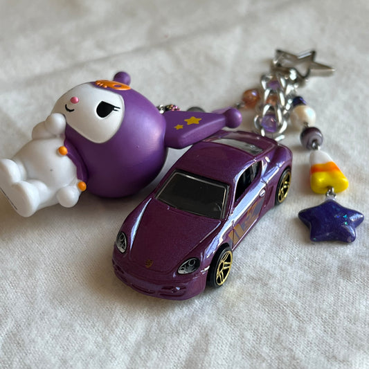 Porsche Cayman & Purple Bunny Beaded Keychain