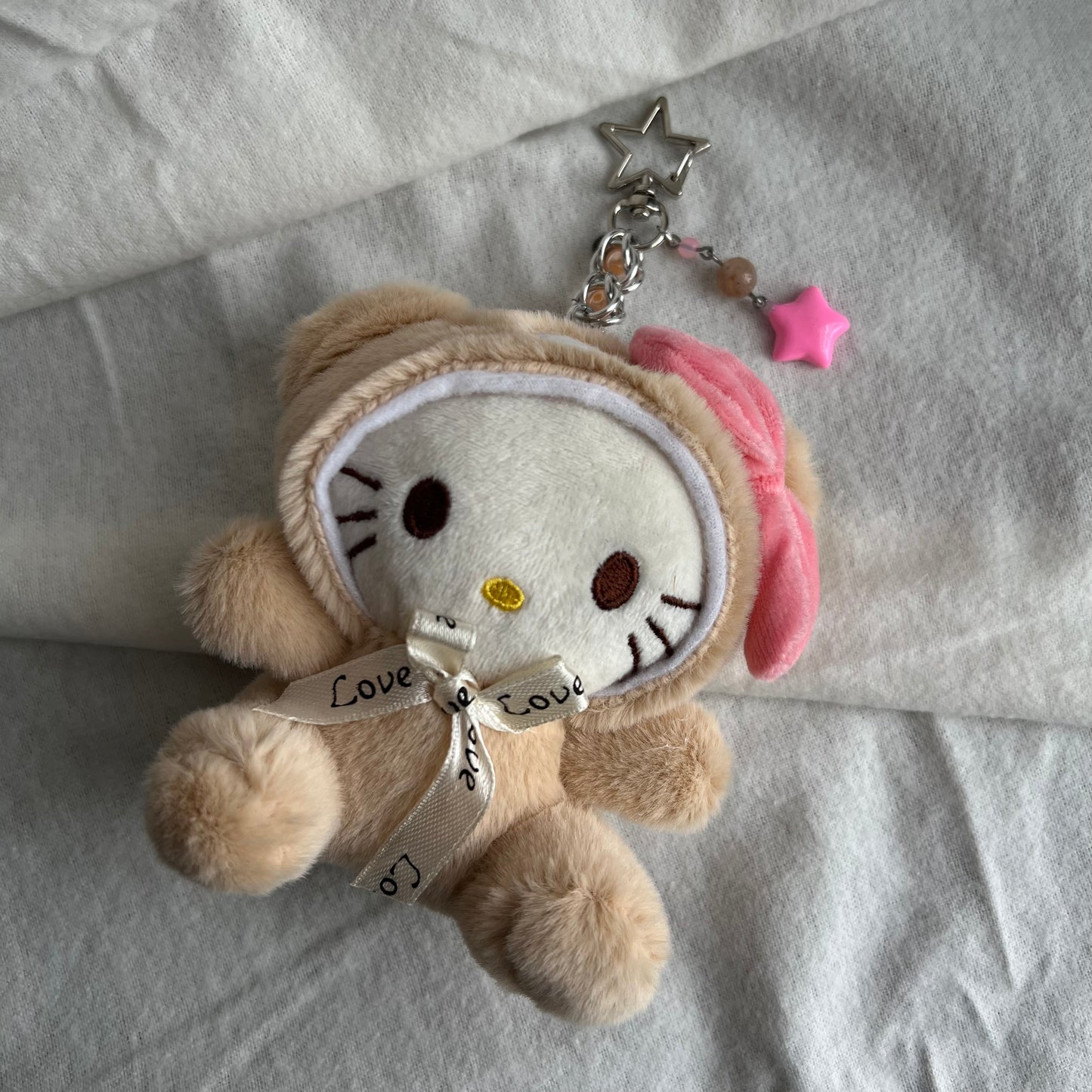 Plush Puppy & Kitty in Bear Costume Beaded Keychain