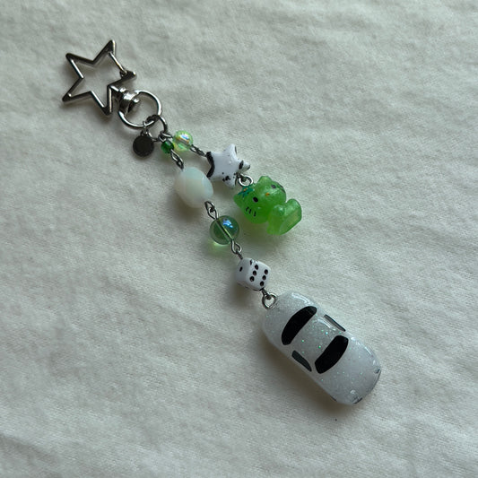 White Mini NA Miata & Green Kitty Beaded Keychain