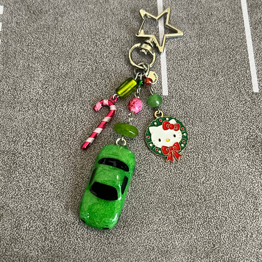 Green NA Miata w Xmas Kitty Beaded Keychain