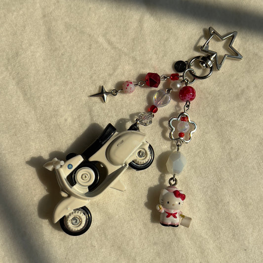 Vespa & Kitty Beaded Keychain