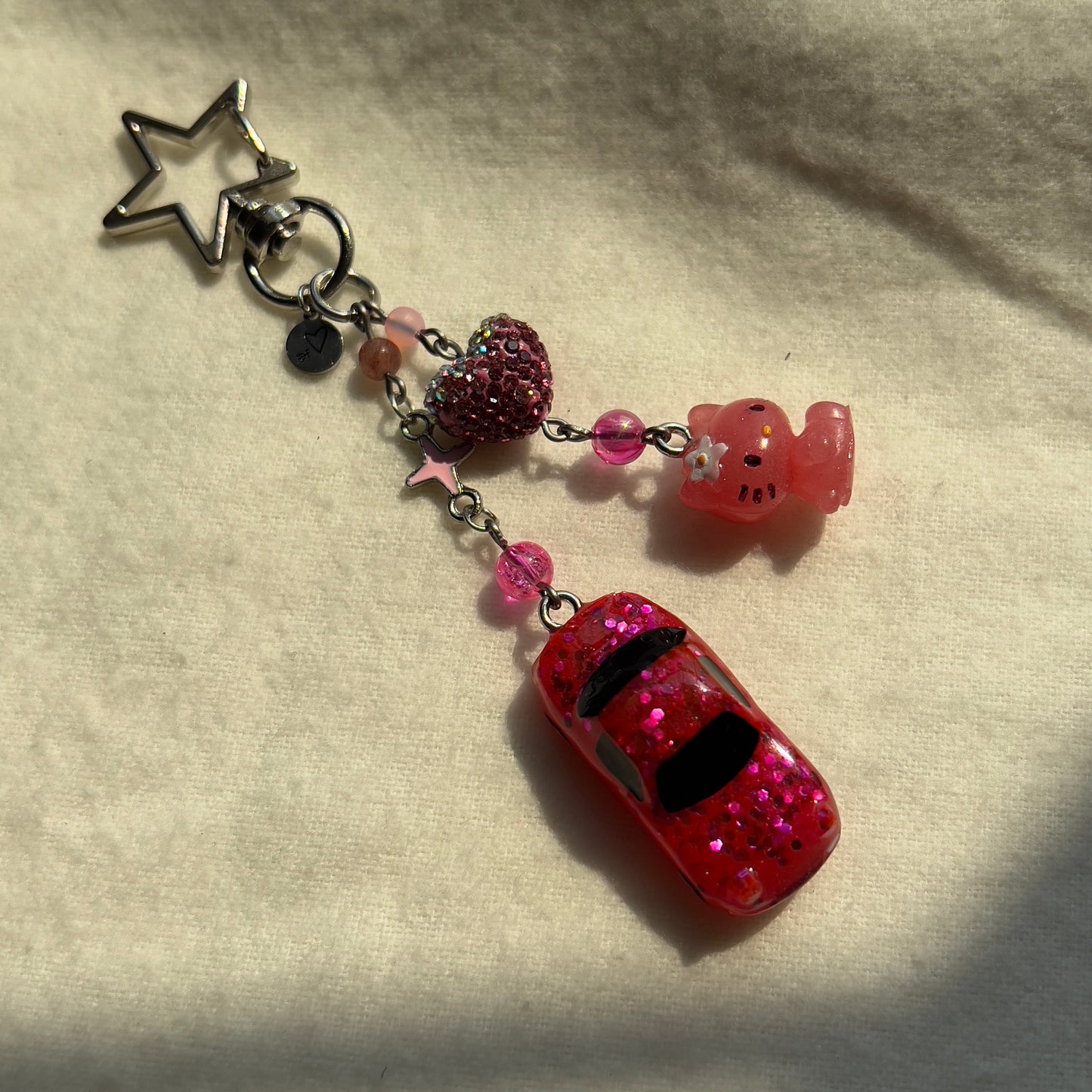 Pink NA Miata Heart Kitty Beaded Keychain