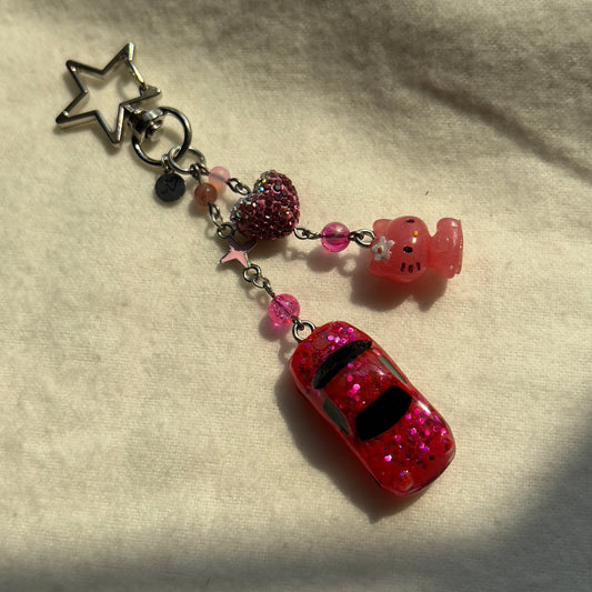 Pink NA Miata Heart Kitty Beaded Keychain