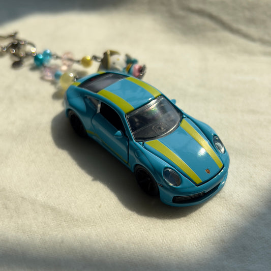 Porsche 911 Carrera S & Blue Kitty Beaded Keychain