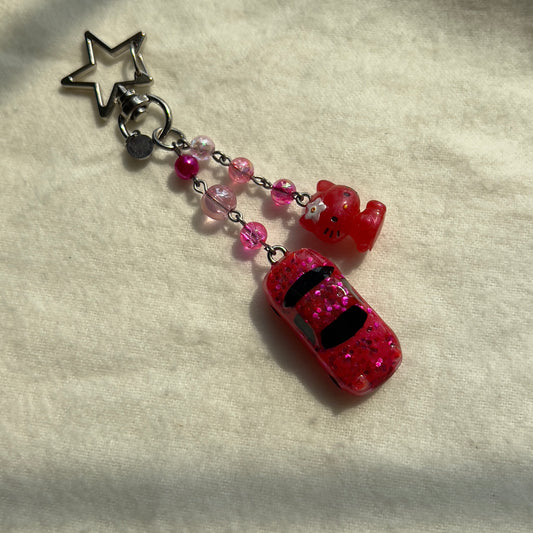 Pink Mini NA Miata & Kitty Beaded Keychain
