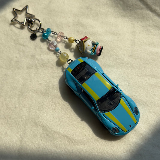 Porsche 911 Carrera S & Blue Kitty Beaded Keychain