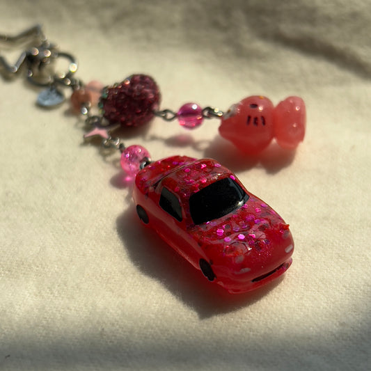 Pink NA Miata Heart Kitty Beaded Keychain