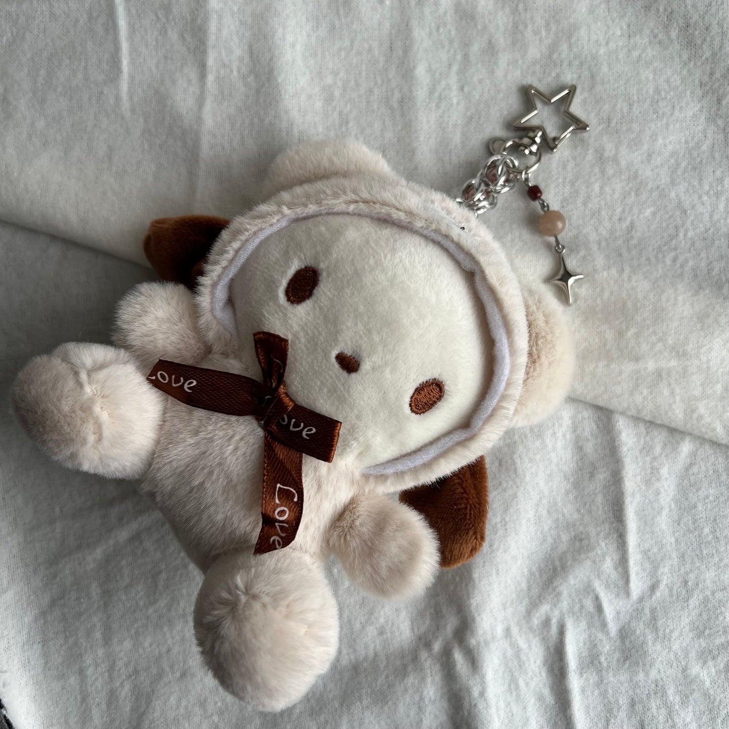 Plush Puppy & Kitty in Bear Costume Beaded Keychain