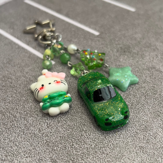 Green NA Miata x Tree Kitty Beaded Keychain